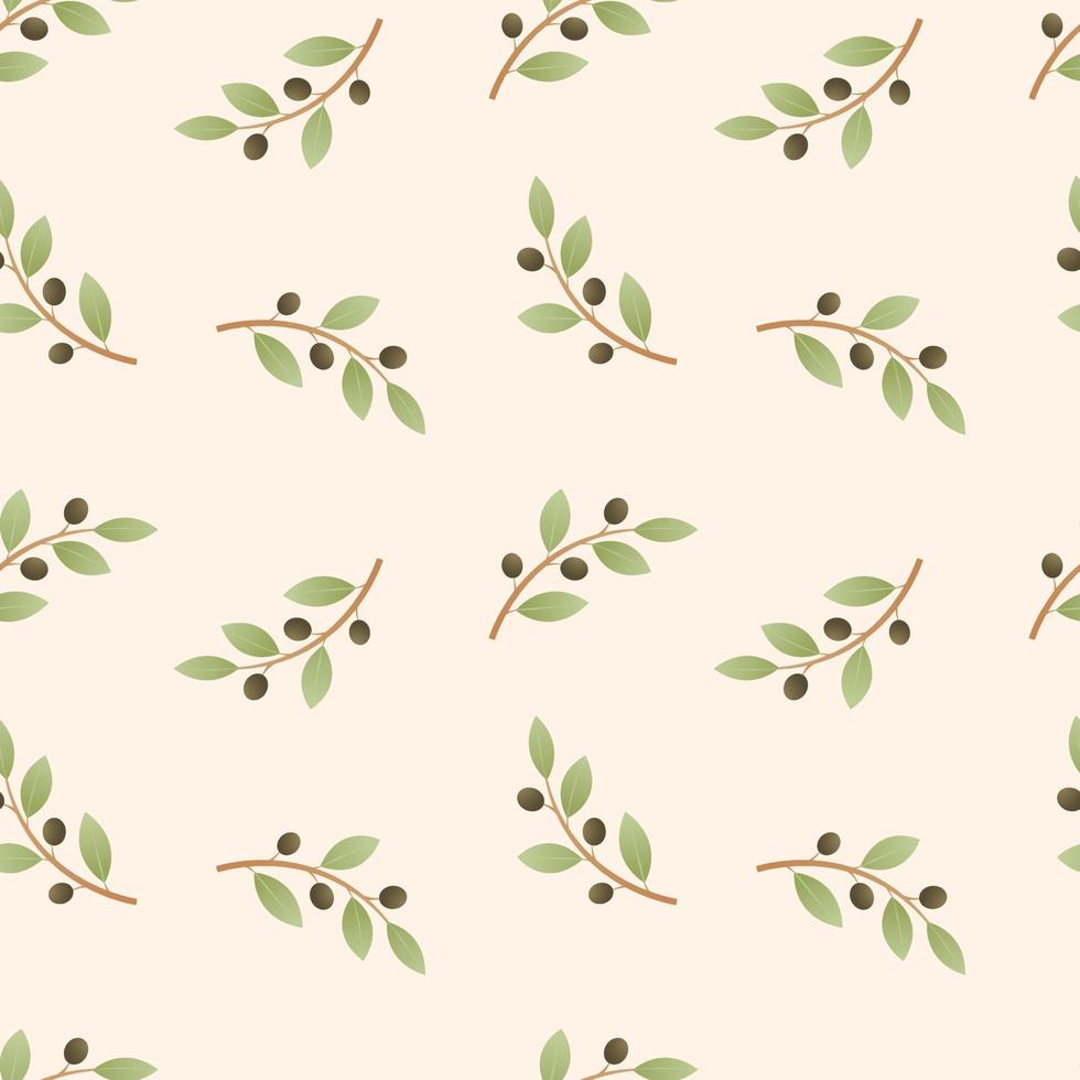 Vector seamless pattern. Simple branches or twigs from an olive tree, leaves and fruits of olives. Decoration for background or wrapping paper.