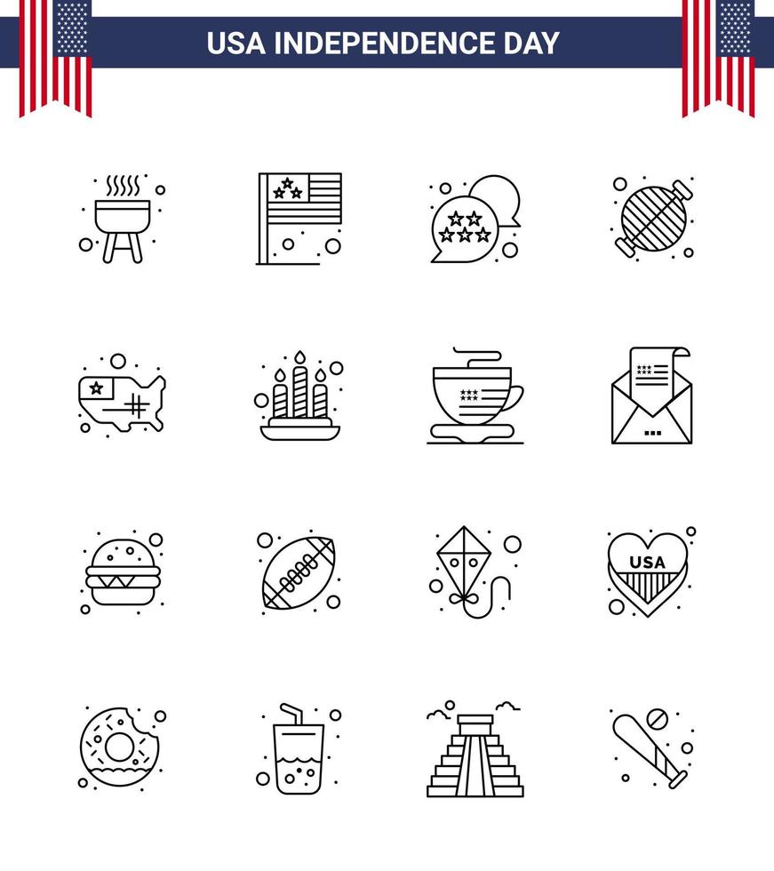 Pack of 16 creative USA Independence Day related Lines of states party usa grill barbecue Editable USA Day Vector Design Elements