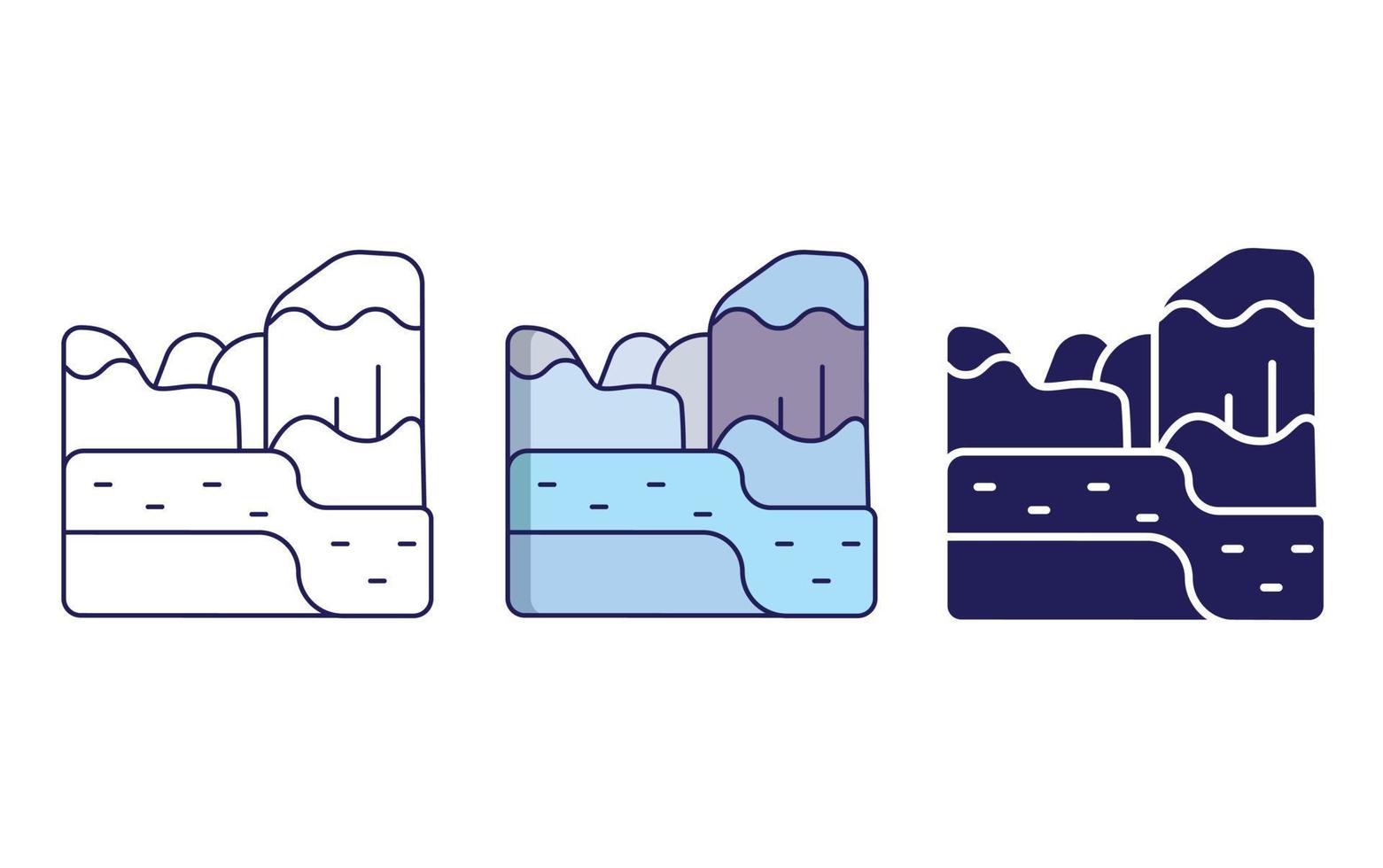 montaña nevada, línea de lago e icono de glifo, ilustración vectorial vector