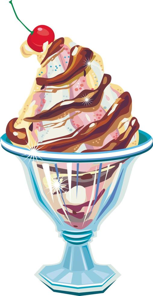 helado multisabor con jarabe de chocolate en recipiente de vidrio vector