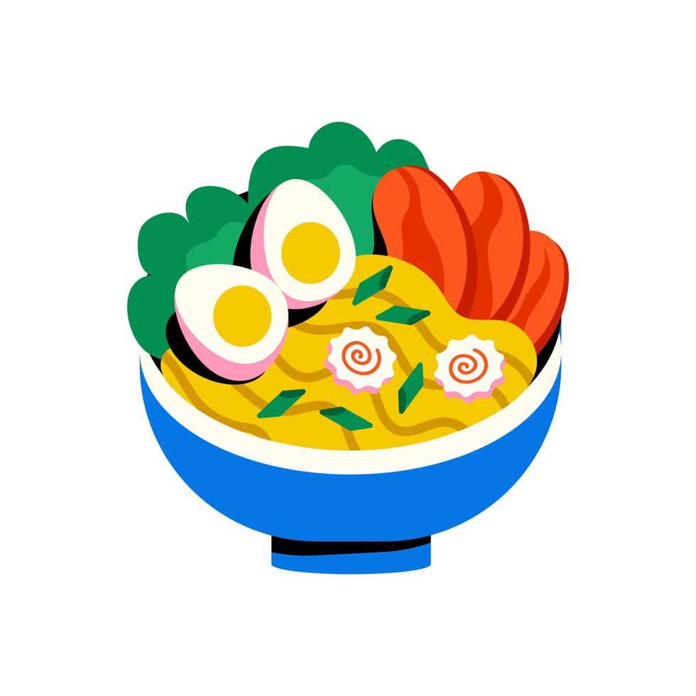 Asian food Miso soup. Japanese dish Miso shiro with nori, shiitake mushrooms and tofu in a blue bowl. vector