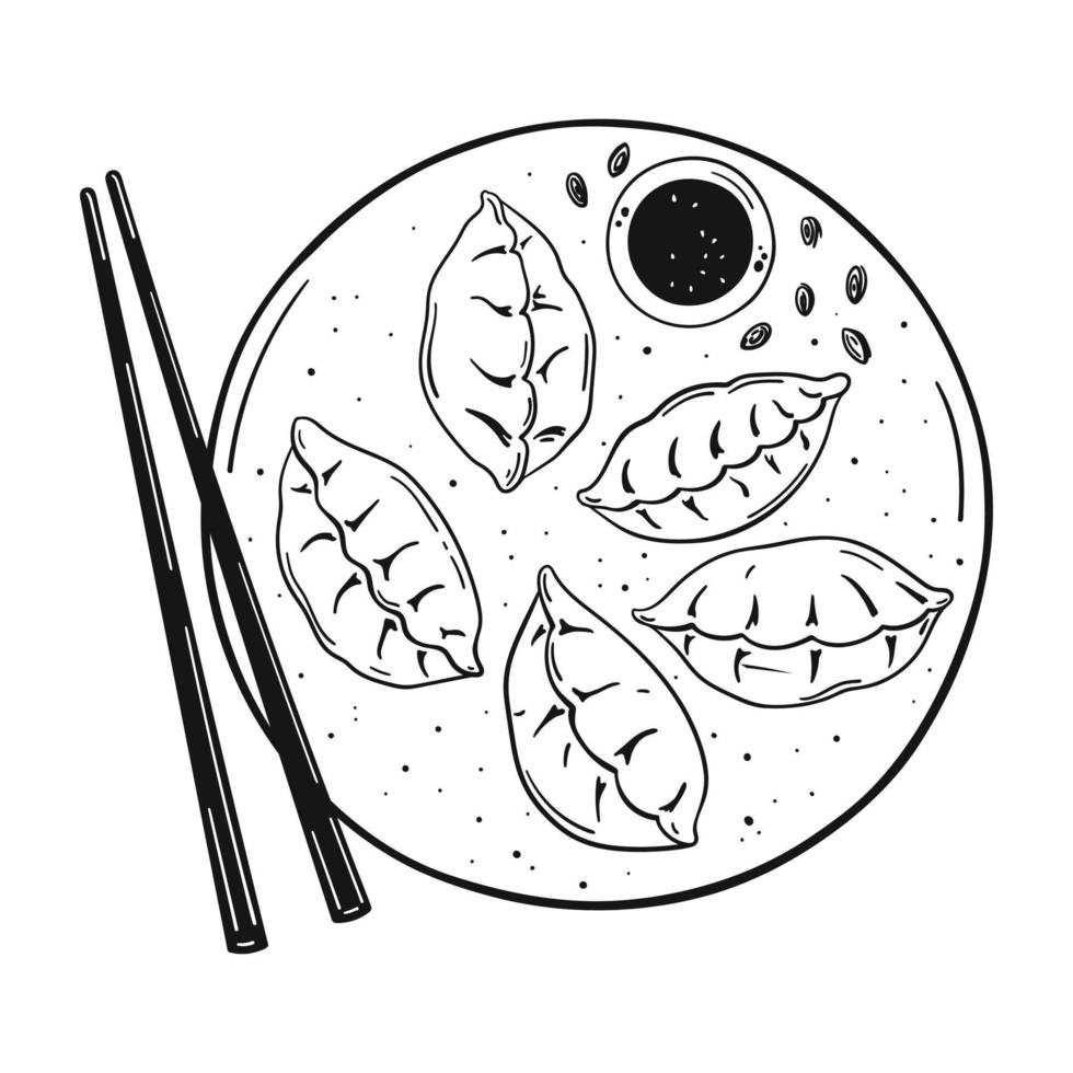 Traditional Asian dumplings. Hand drawn sketches with chopstick and sauce isolation on white background vector