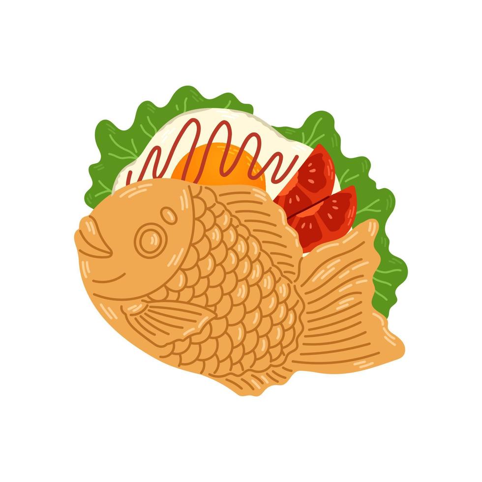 sándwich de taiyaki panadería japonesa. pastel en forma de pescado con ensalada, huevo, tomate. comida callejera japonesa. vector de dibujos animados