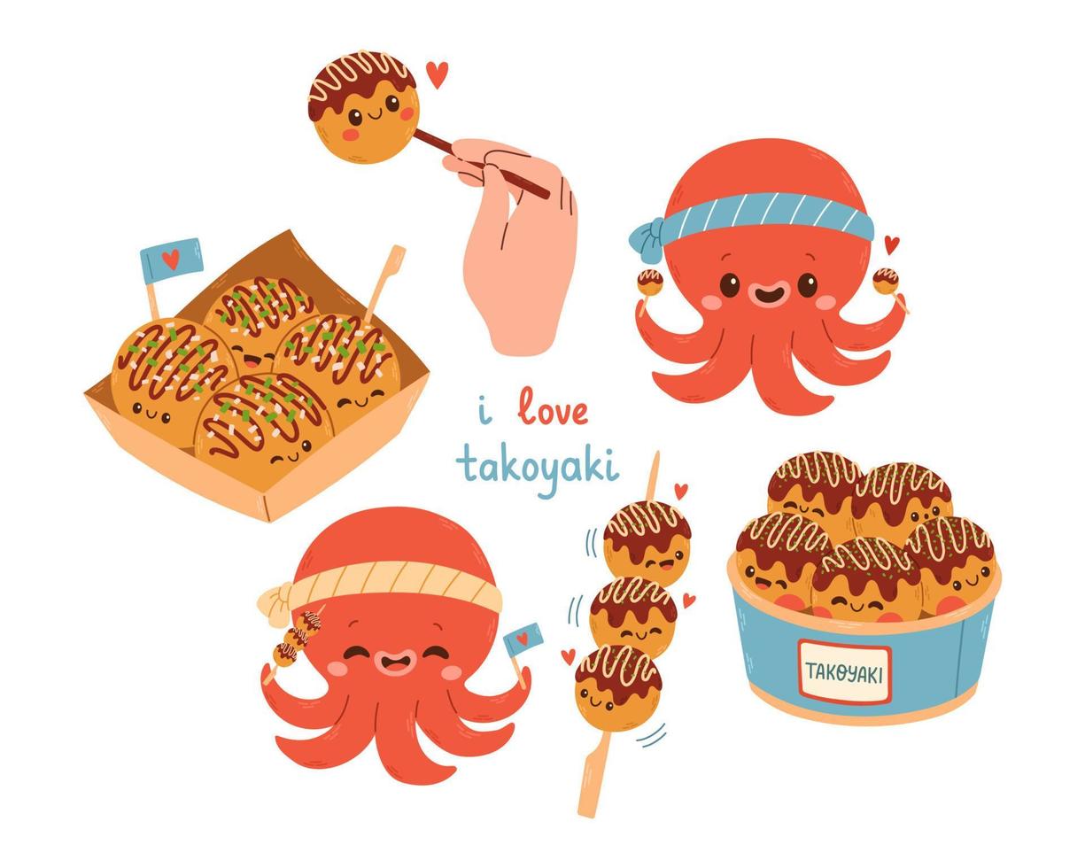 Takoyaki vector set asian food. Cute takoyaki on white background. Free space for text. Vector illustration