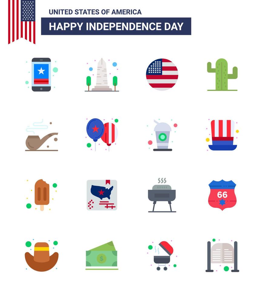 Group of 16 Flats Set for Independence day of United States of America such as american usa usa cactus thanksgiving Editable USA Day Vector Design Elements