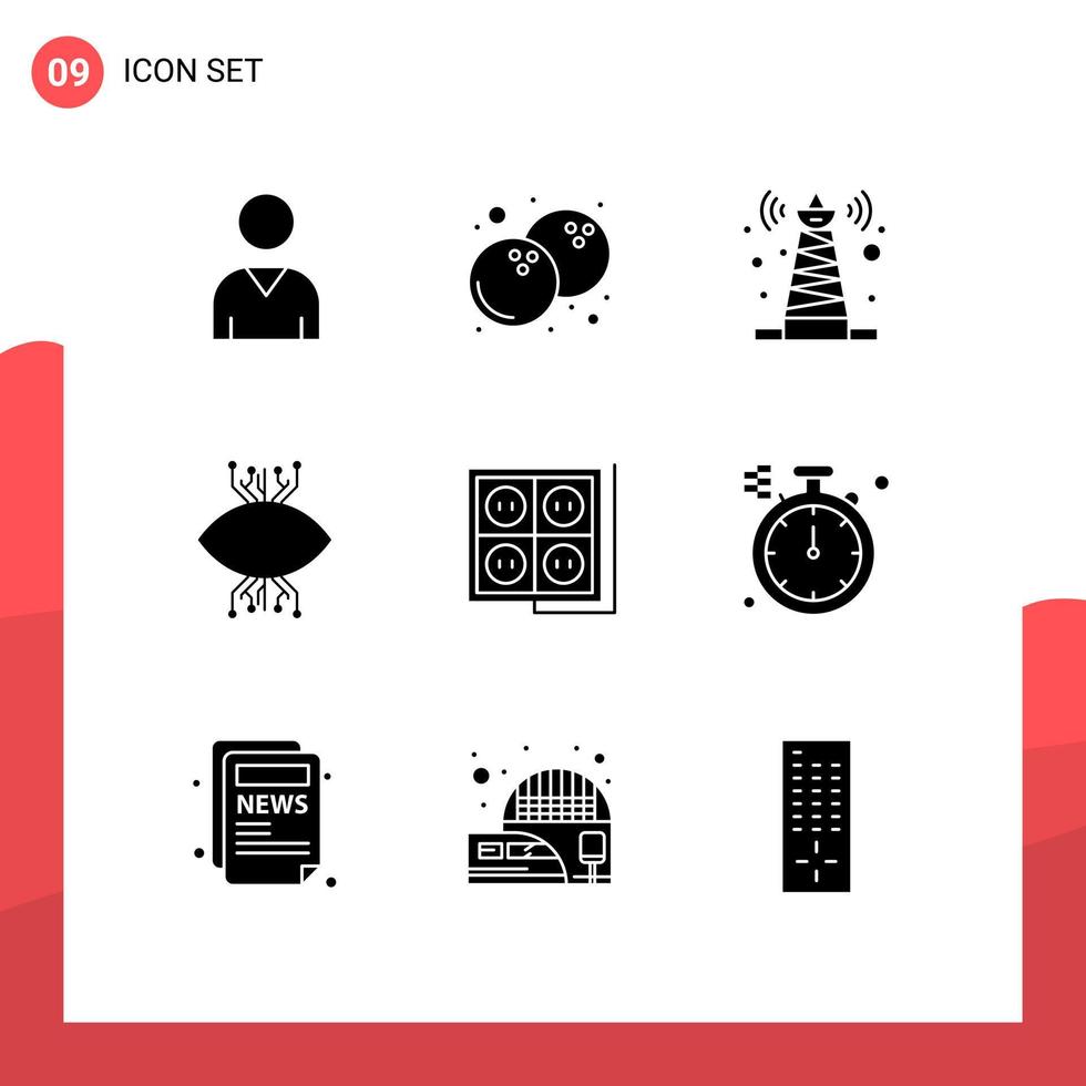 9 Solid Glyph concept for Websites Mobile and Apps plug building tower eye surveillance Editable Vector Design Elements