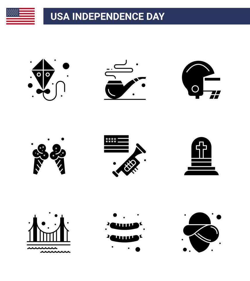 USA Happy Independence DayPictogram Set of 9 Simple Solid Glyphs of death laud helmet speaker american Editable USA Day Vector Design Elements