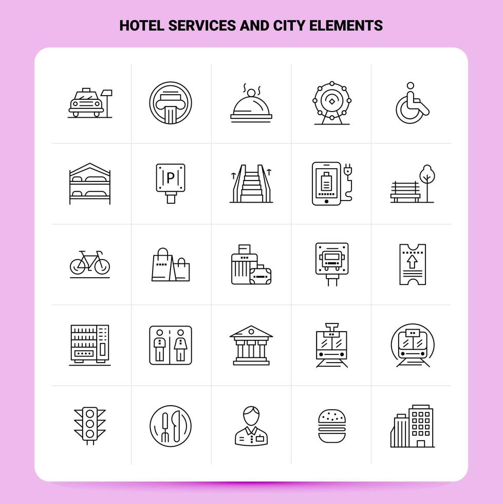 OutLine 25 Hotel services And City Elements Icon set. Vector Line Style Design Black Icons Set. Linear pictogram pack. Web and Mobile Business ideas design Vector Illustration.
