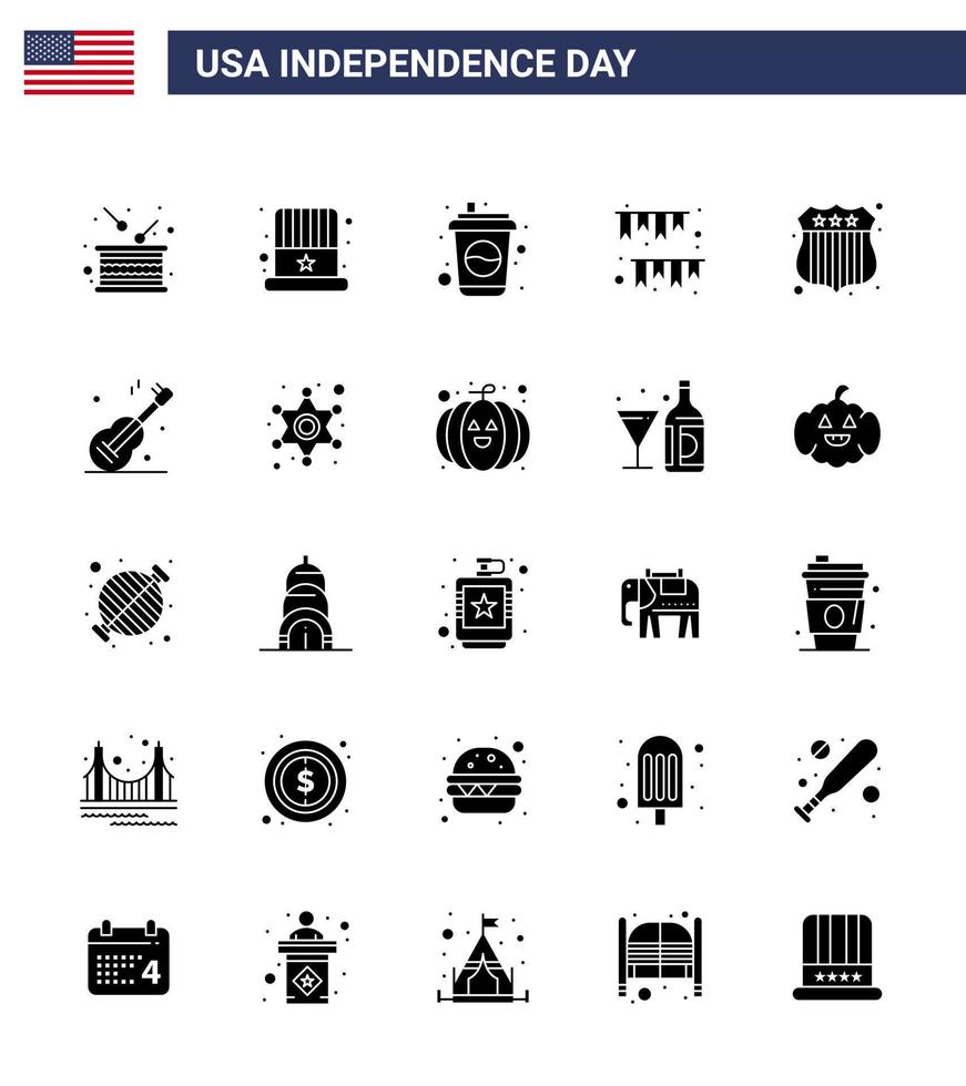 Set of 25 Vector Solid Glyph on 4th July USA Independence Day such as party buntings usa garland soda Editable USA Day Vector Design Elements