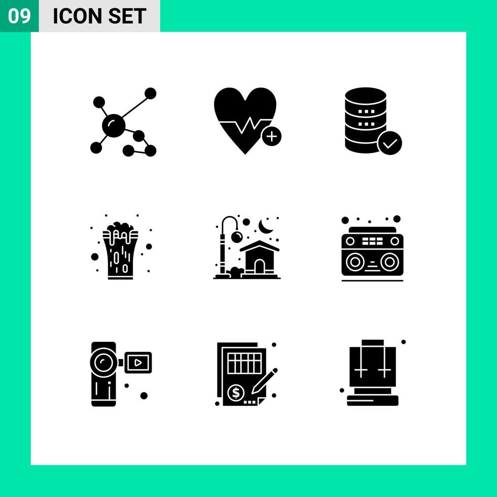 Modern Set of 9 Solid Glyphs Pictograph of drink celebrate plus glass web Editable Vector Design Elements
