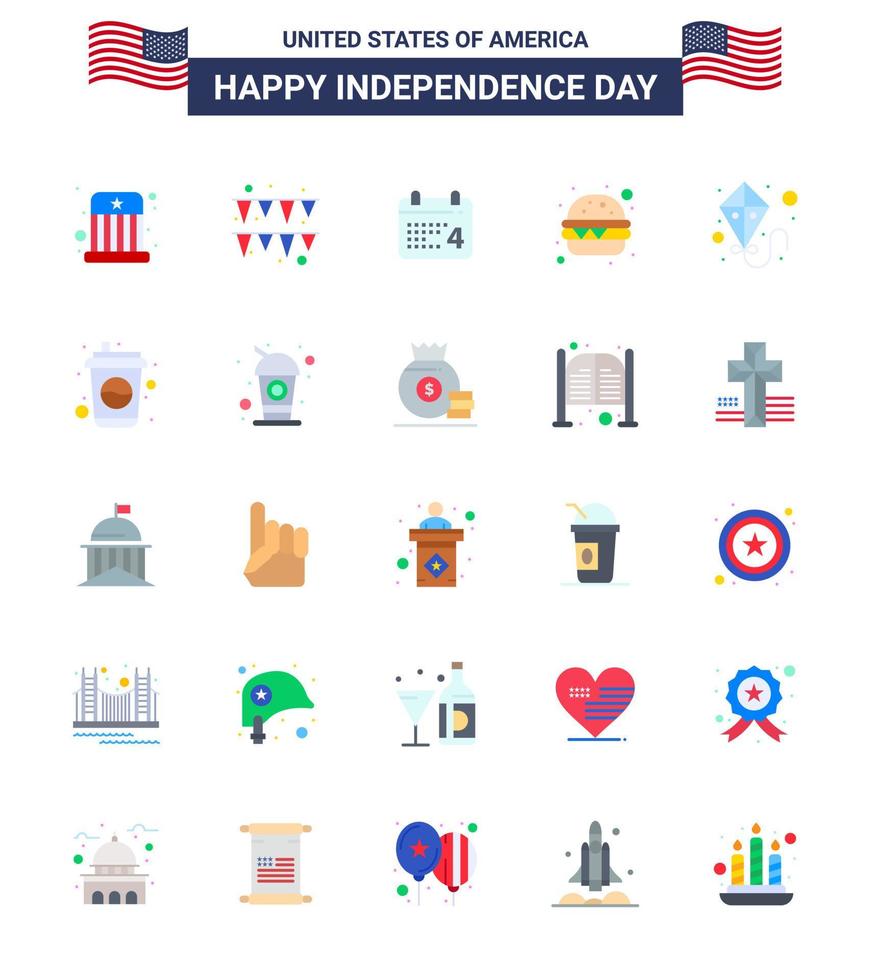 Set of 25 USA Day Icons American Symbols Independence Day Signs for bottle summer day kite fast food Editable USA Day Vector Design Elements