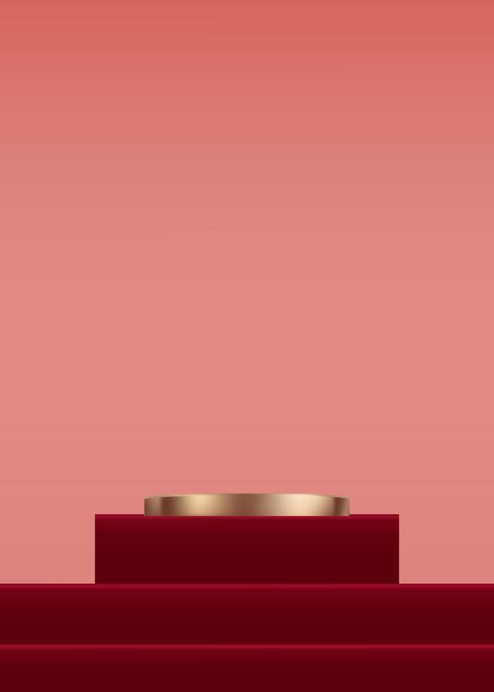 Podio de cilindro de oro rosa con pantalla 3d sobre fondo rojo y pared beige, escena de estudio de lujo vectorial con soporte circular para San Valentín, año nuevo chino, Navidad, presentación del producto del día de la madre vector