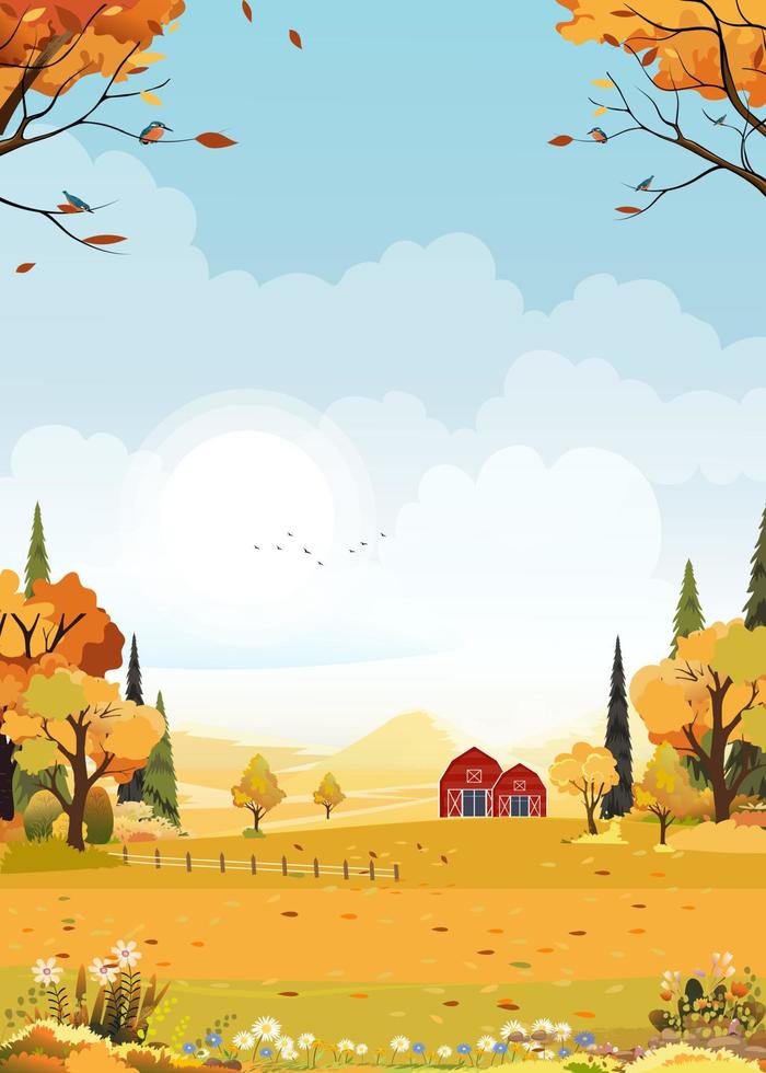 Autumn landscape of farm field with blue sky background,Horizon Fall season in countryside with cloudy sky and Sun, Mountain, grass land in Orange foliage,Vector Vertical banner for Autumnal backdrop vector