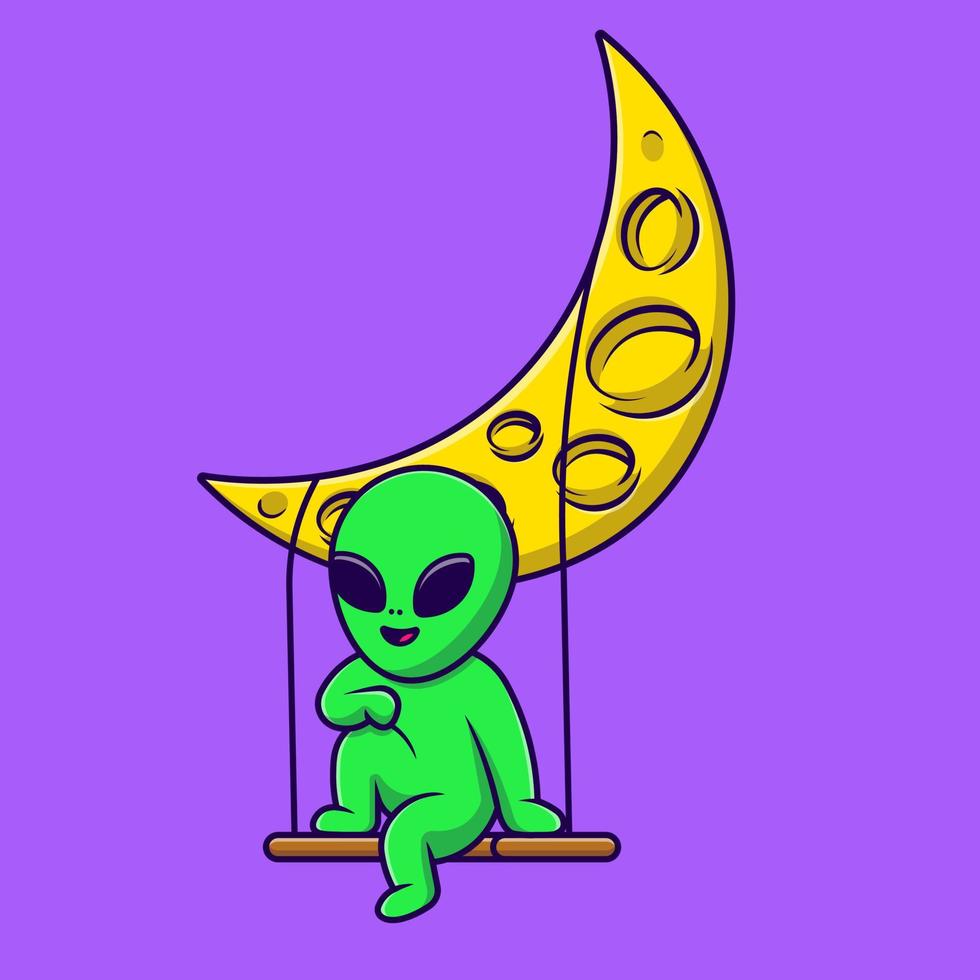 Columpio alienígena lindo en la ilustración de iconos de vector de dibujos animados de luna. concepto de caricatura plana. adecuado para cualquier proyecto creativo.