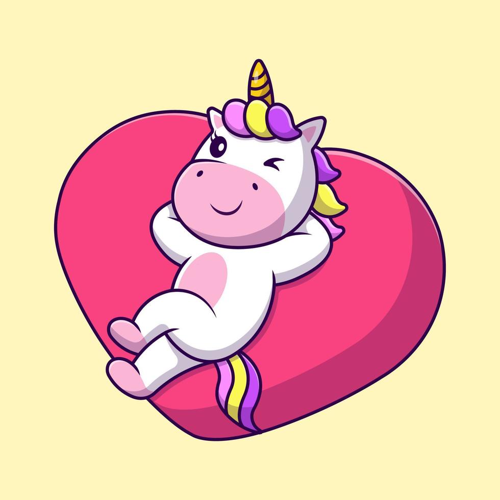 lindo unicornio acostado en el corazón amor dibujos animados vector iconos ilustración. concepto de caricatura plana. adecuado para cualquier proyecto creativo.