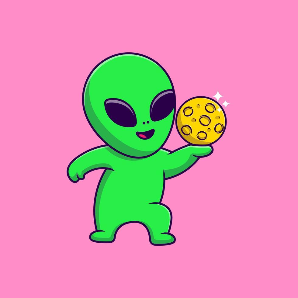 Cute Alien With Moon Cartoon Vector Icons Illustration. Flat Cartoon Concept. Suitable for any creative project.