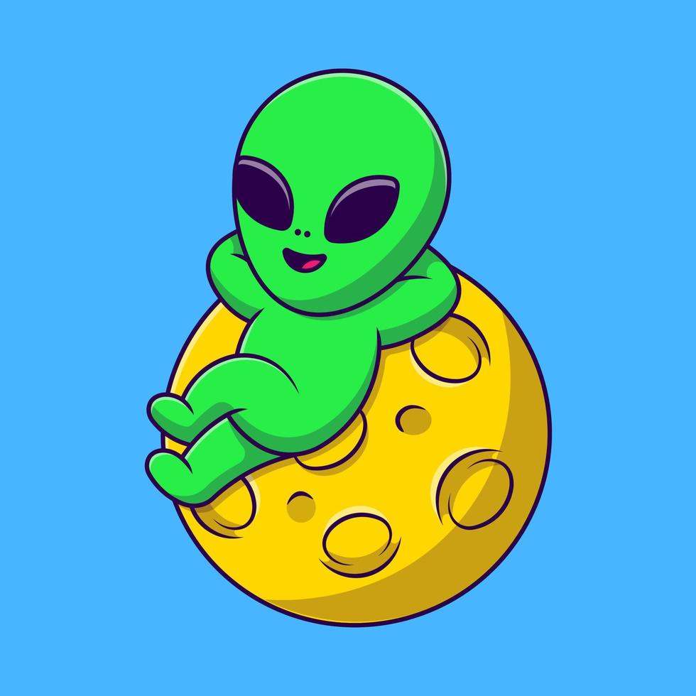 lindo alienígena acostado en la ilustración de iconos de vector de dibujos animados de luna. concepto de caricatura plana. adecuado para cualquier proyecto creativo.