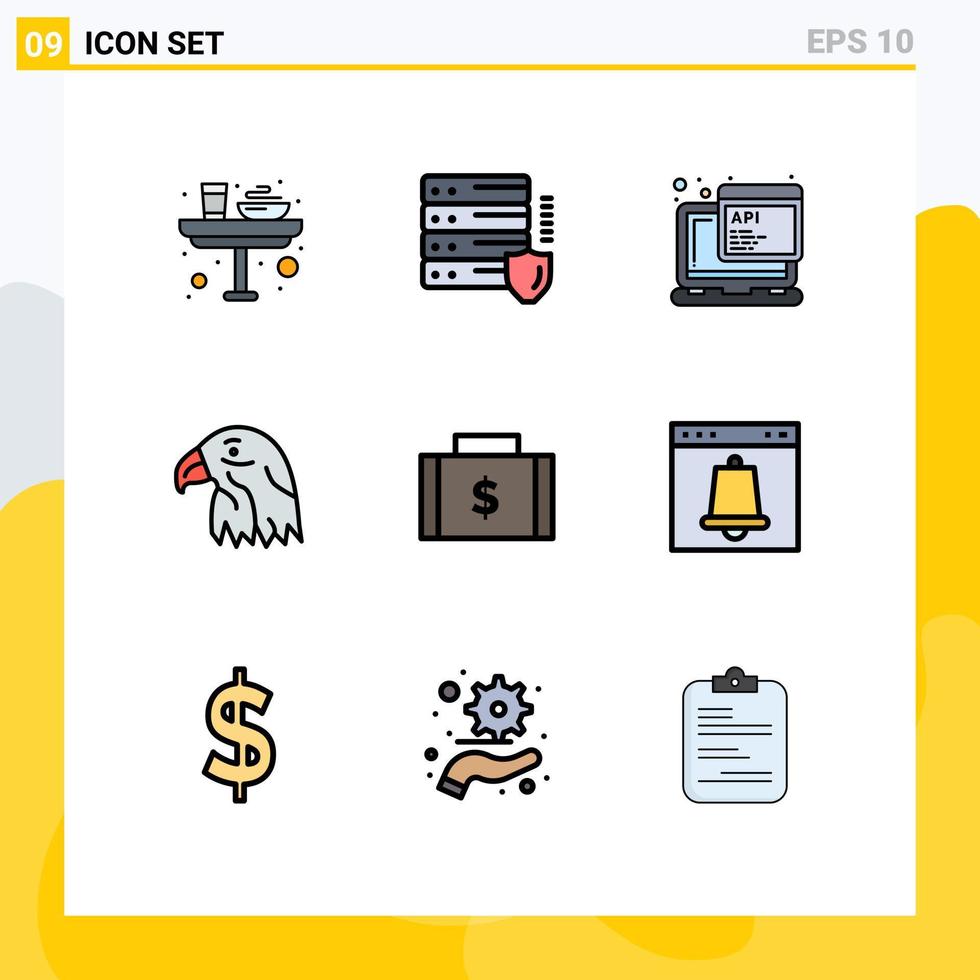 Group of 9 Modern Filledline Flat Colors Set for bag eagle security bird programming Editable Vector Design Elements