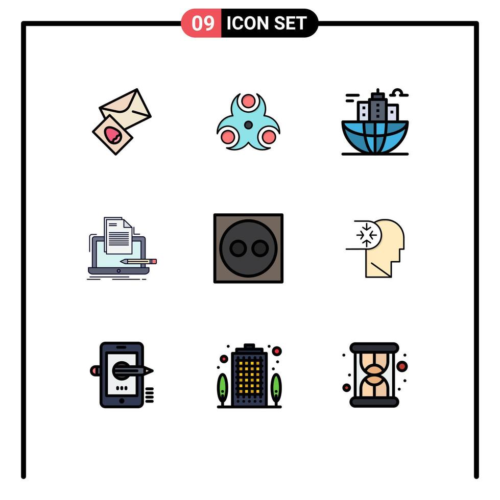 conjunto moderno de 9 colores planos de línea rellena pictograma de elementos de diseño vectorial editables de la sede de codificación del edificio de la computadora de papel vector