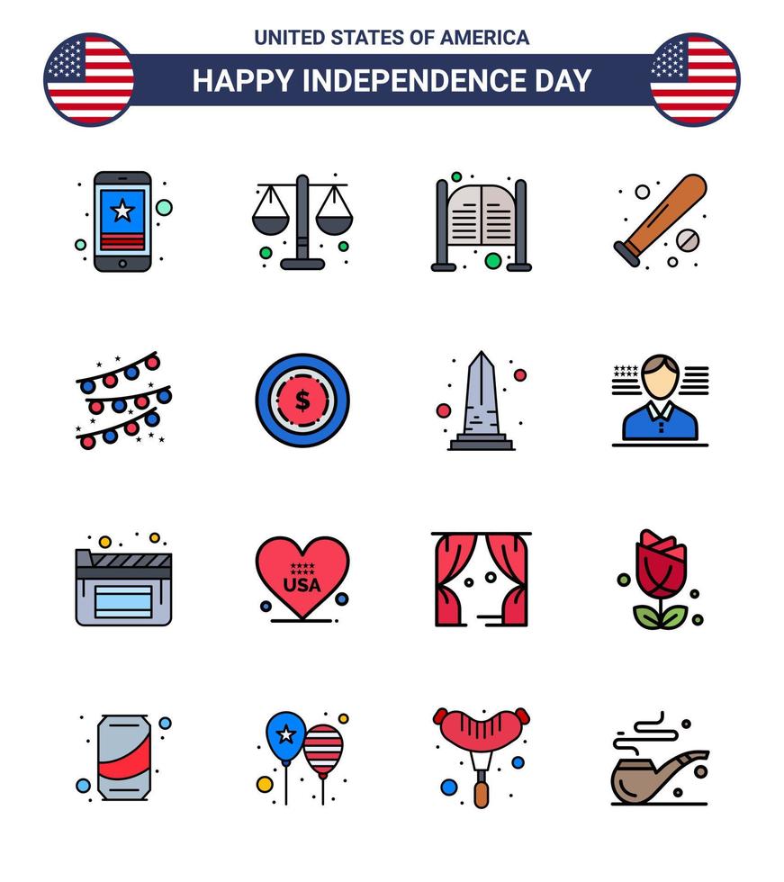USA Happy Independence DayPictogram Set of 16 Simple Flat Filled Lines of sports baseball scale ball day Editable USA Day Vector Design Elements