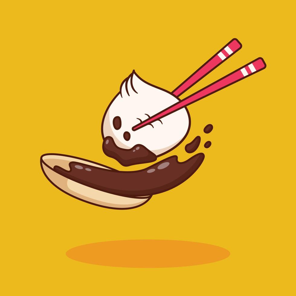 cute dim sum diping on soy sauce vector