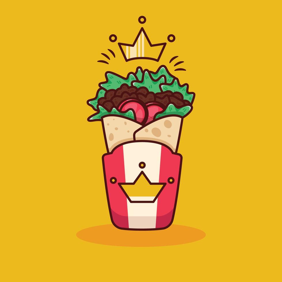ilustración de kebab de corona de rey de dibujos animados lindo en diseño plano vector