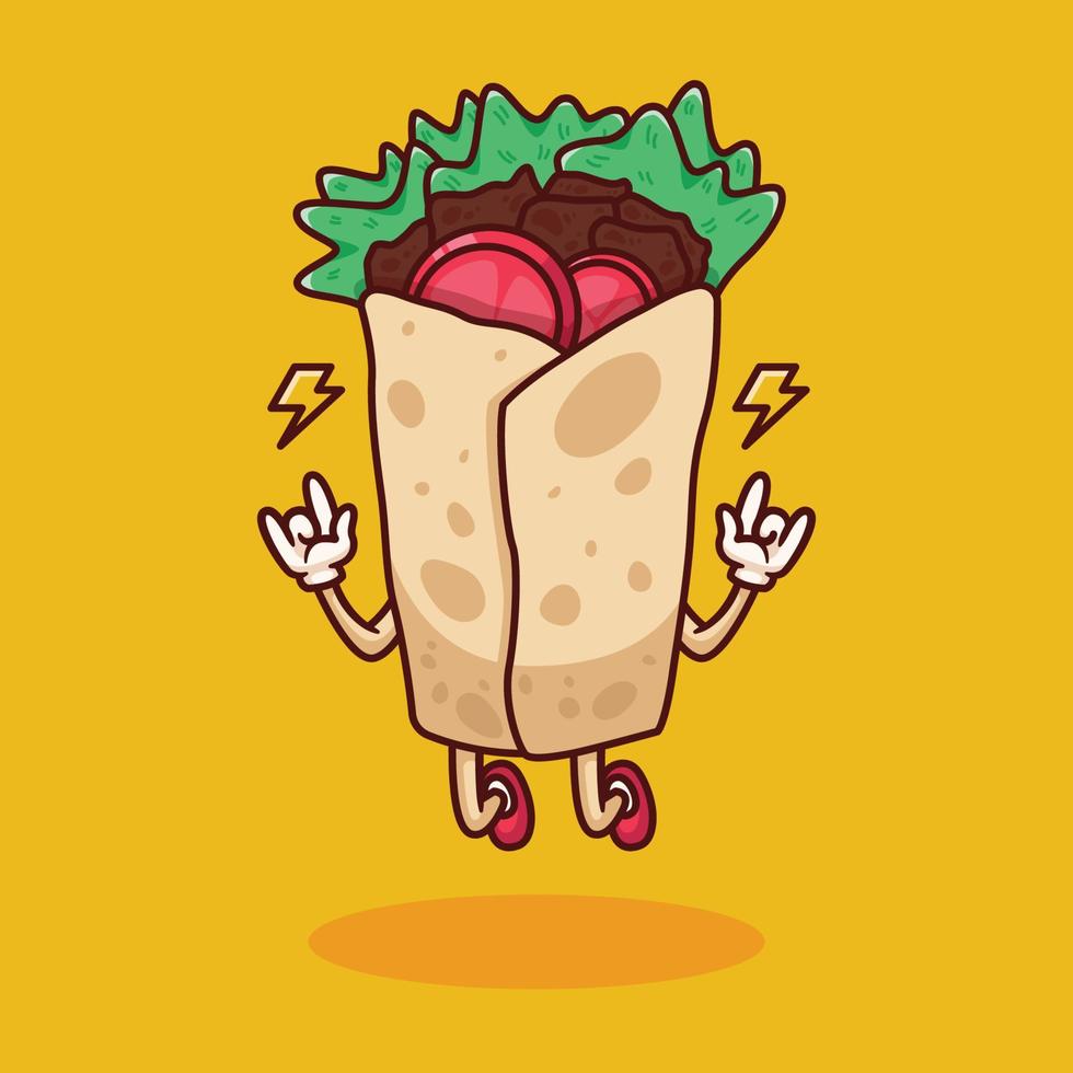 lindo kebab de dibujos animados con ilustración de letrero de metal de cuerno en diseño plano vector