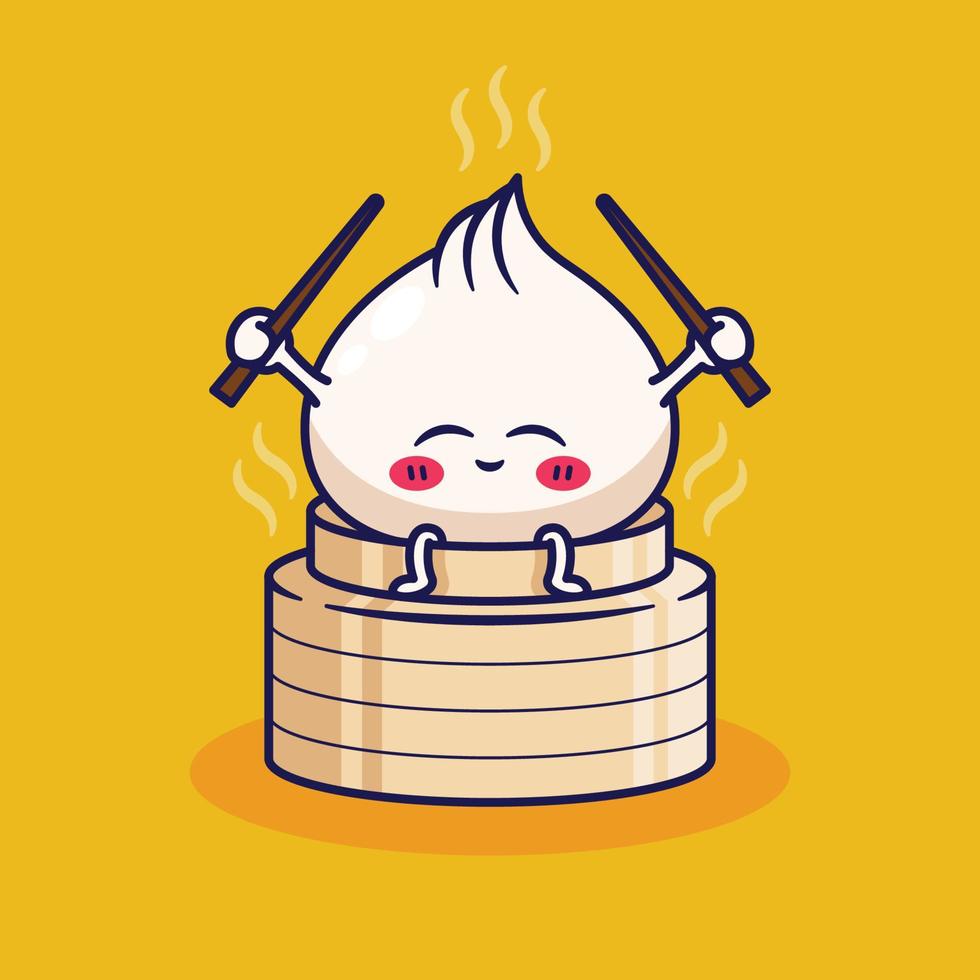 cute cartoon dim sum holding chopstick illustration vector