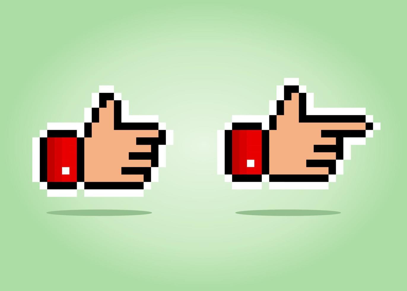 8-bit pixel of hand thumb and pointing image. Vector Illustration of pixel art.