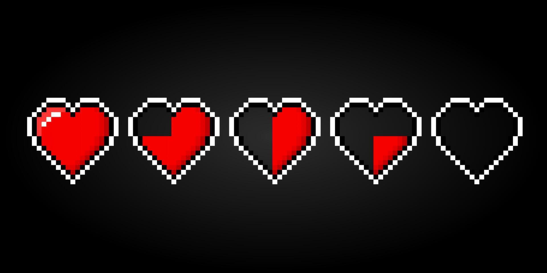 collection of heart in pixel art. for 8 bit games. vector