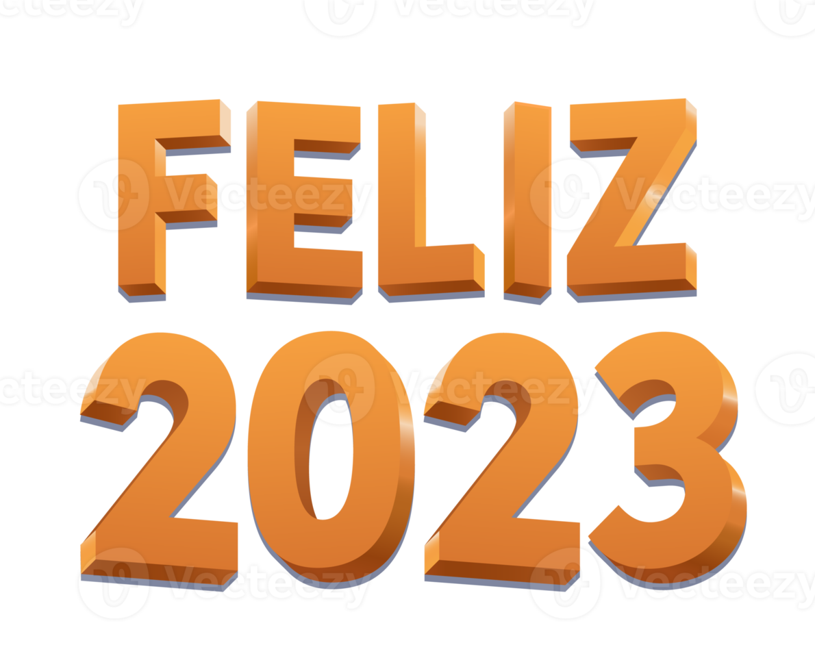 gelukkig 2023 in Portugees met oranje gouden 3d ontwerp. vertaling - gelukkig 2023. png