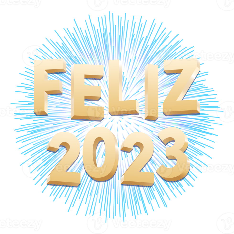 Happy 2023 in Portuguese with golden 3d design with fireworks. Translation - Happy 2023. png