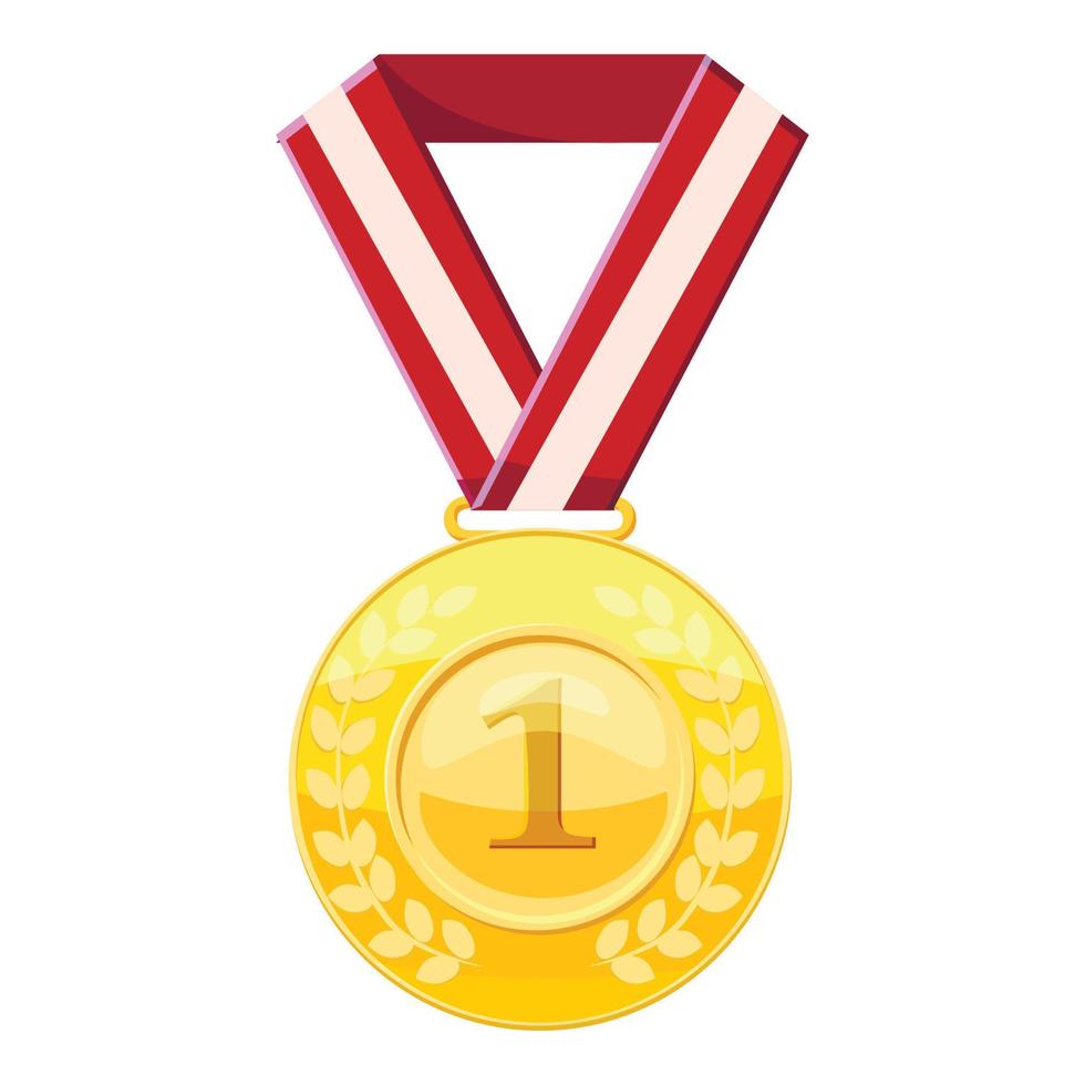 Gold first place medal on a red ribbon icon vector