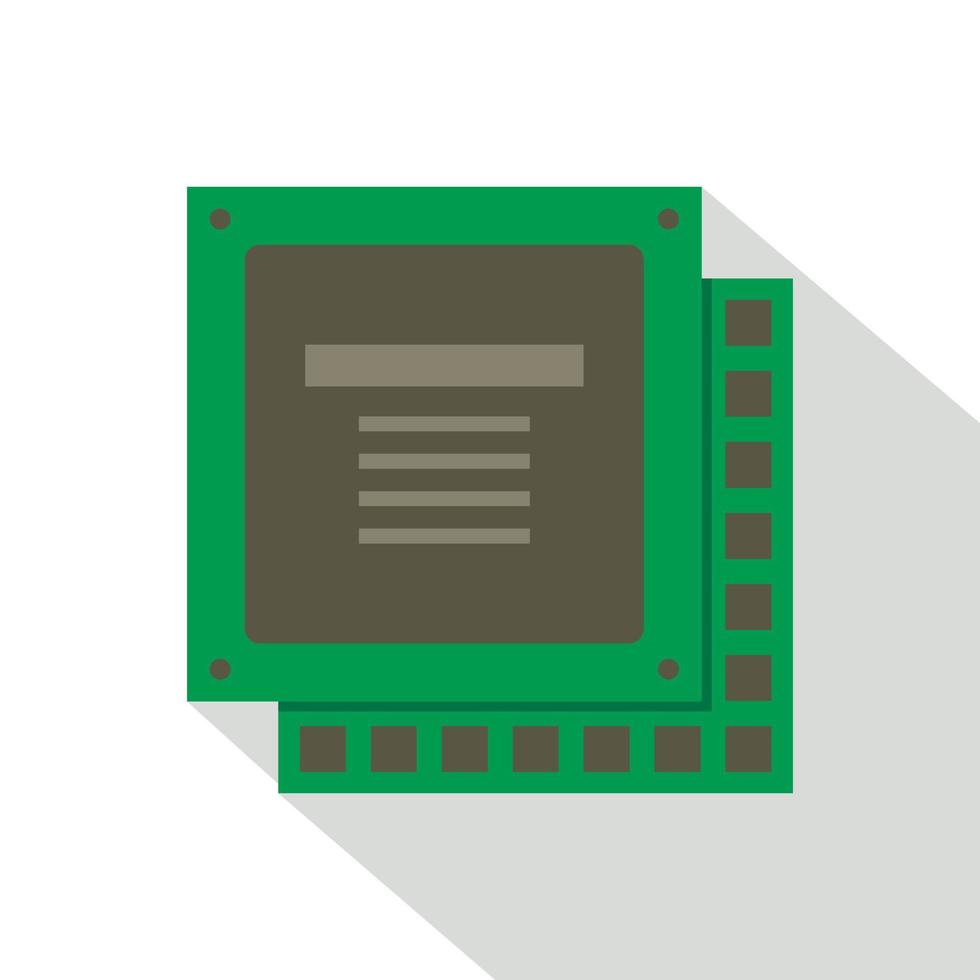 Green computer CPU processor chip icon, flat style vector