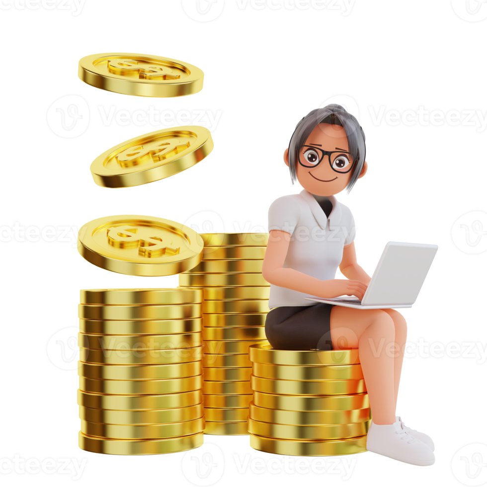 femme d'affaires s'asseoir sur une pièce d'un dollar, illustration 3d png