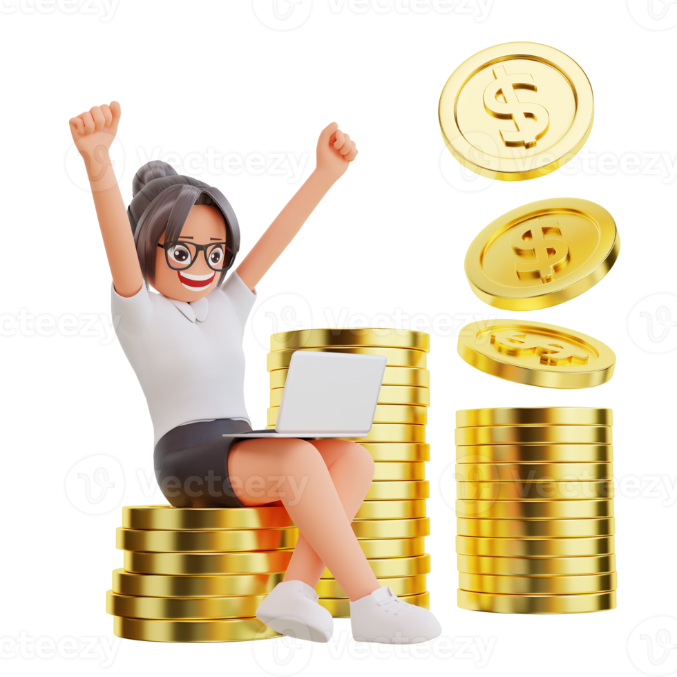 3d render Businesswoman sit on the dollar coins png