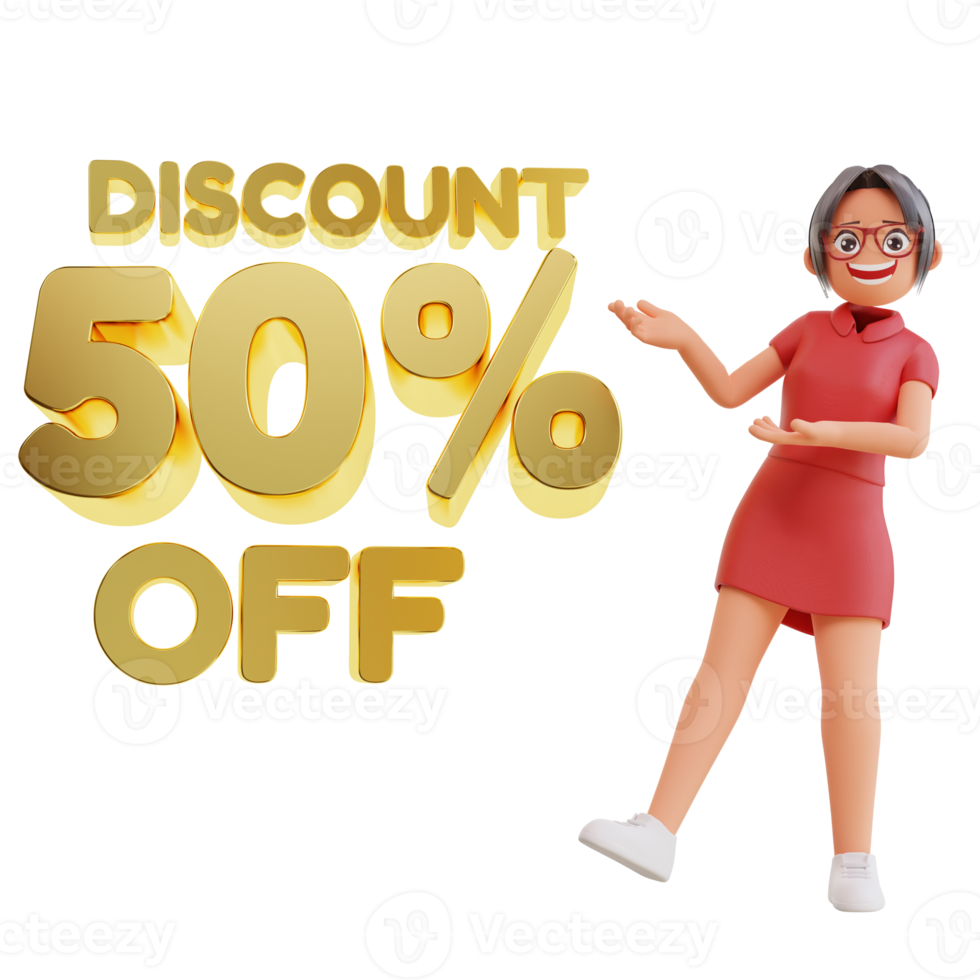Discount Off With Woman Character 3d illustration png