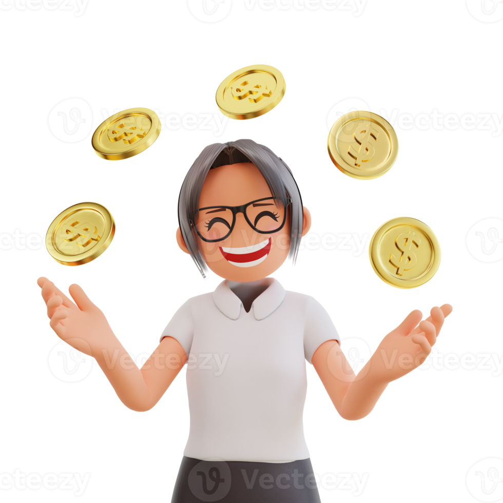 3d render Businesswoman showing dolar coint png