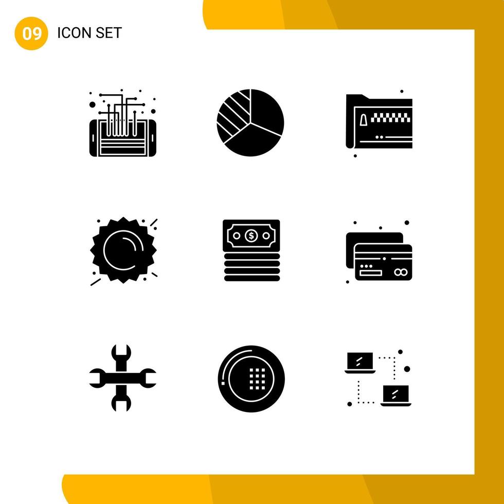 9 Thematic Vector Solid Glyphs and Editable Symbols of banking sunny folder sun zip Editable Vector Design Elements