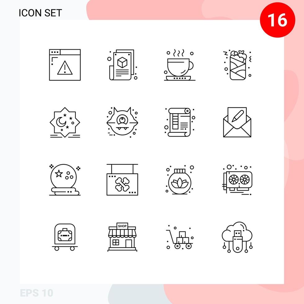 Modern Set of 16 Outlines Pictograph of moon fast food design drink tea Editable Vector Design Elements