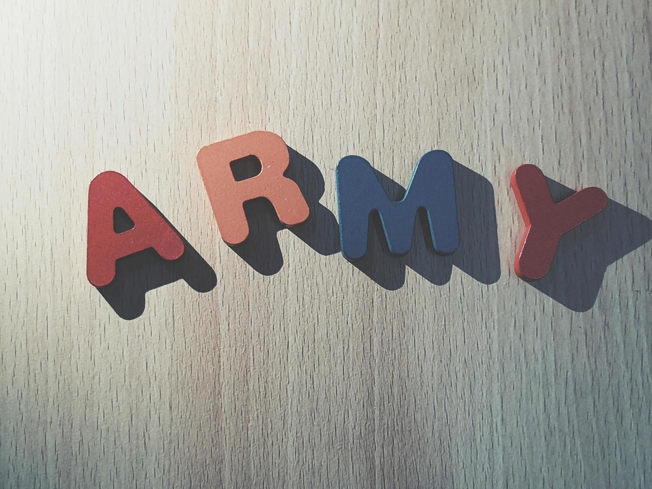 Photo of the alphabet on a wooden table that says ARMY.