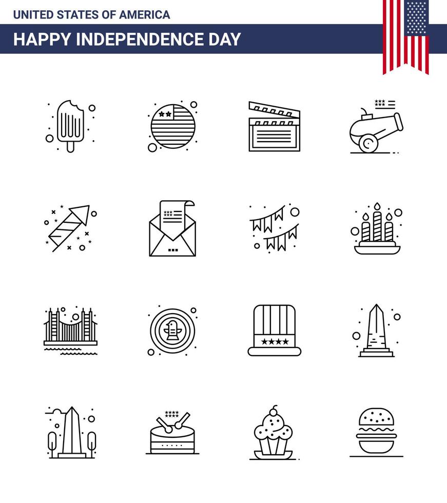 feliz paquete del día de la independencia de 16 líneas de signos y símbolos para la celebración de fuegos artificiales movis cañón de mortero elementos de diseño vectorial del día de estados unidos editables vector