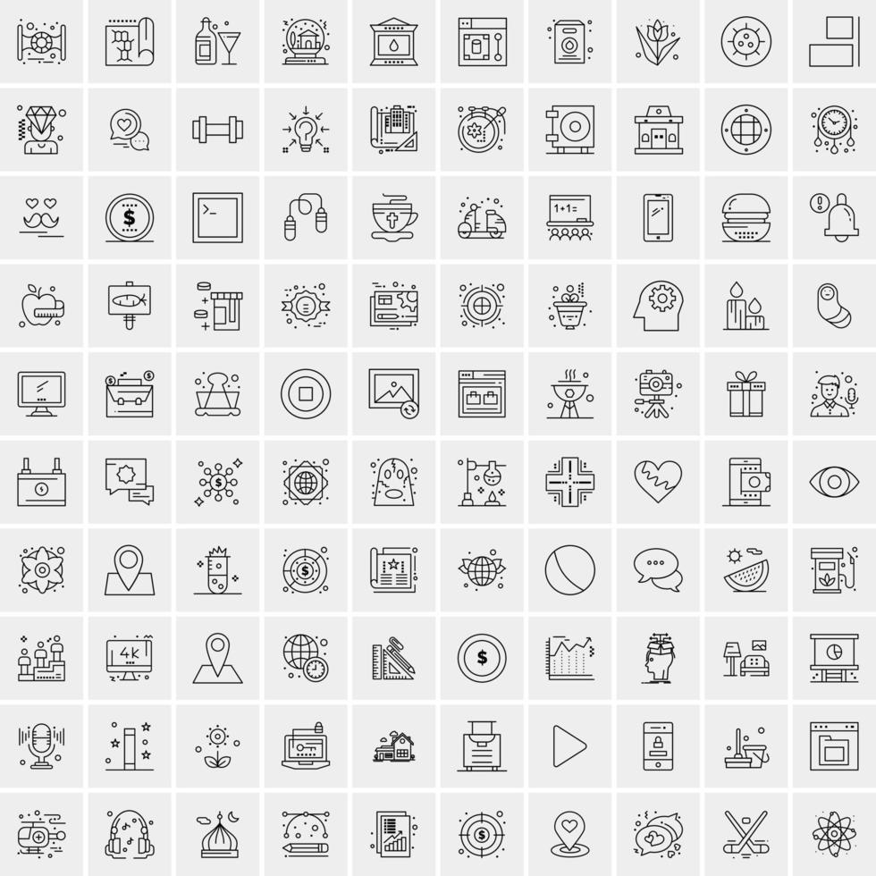 100 Universal Black Line Icons on White Background vector