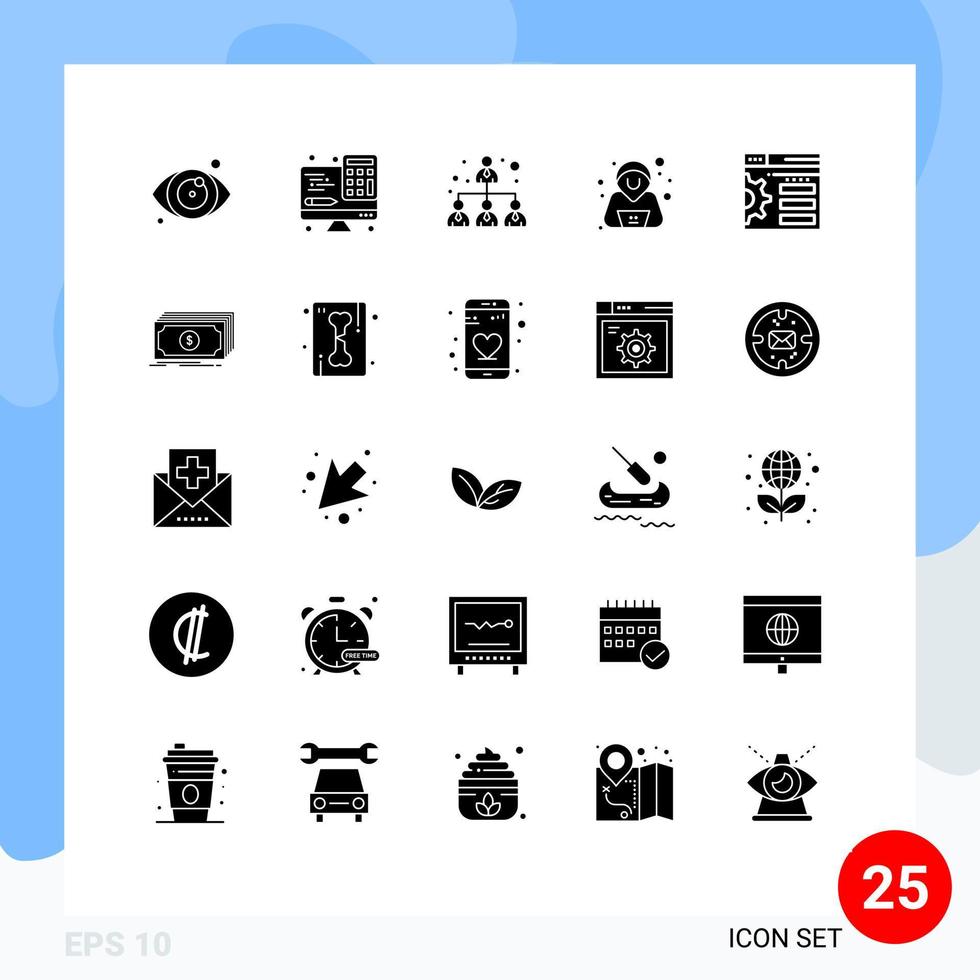 25 Thematic Vector Solid Glyphs and Editable Symbols of dollar web hierarchy setting security Editable Vector Design Elements