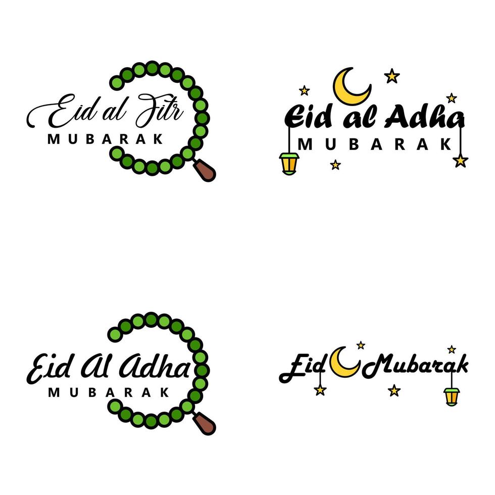 paquete de 4 fuentes decorativas diseño de arte eid mubarak con caligrafía moderna luna colorida estrellas linterna adornos hosco vector