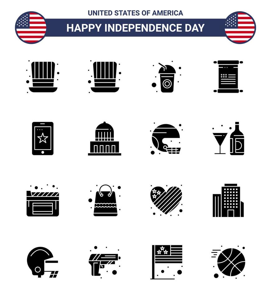 16 signos de glifo sólido de estados unidos celebración del día de la independencia símbolos de la ciudad irlanda celda de desplazamiento móvil elementos de diseño de vector de día de estados unidos editables