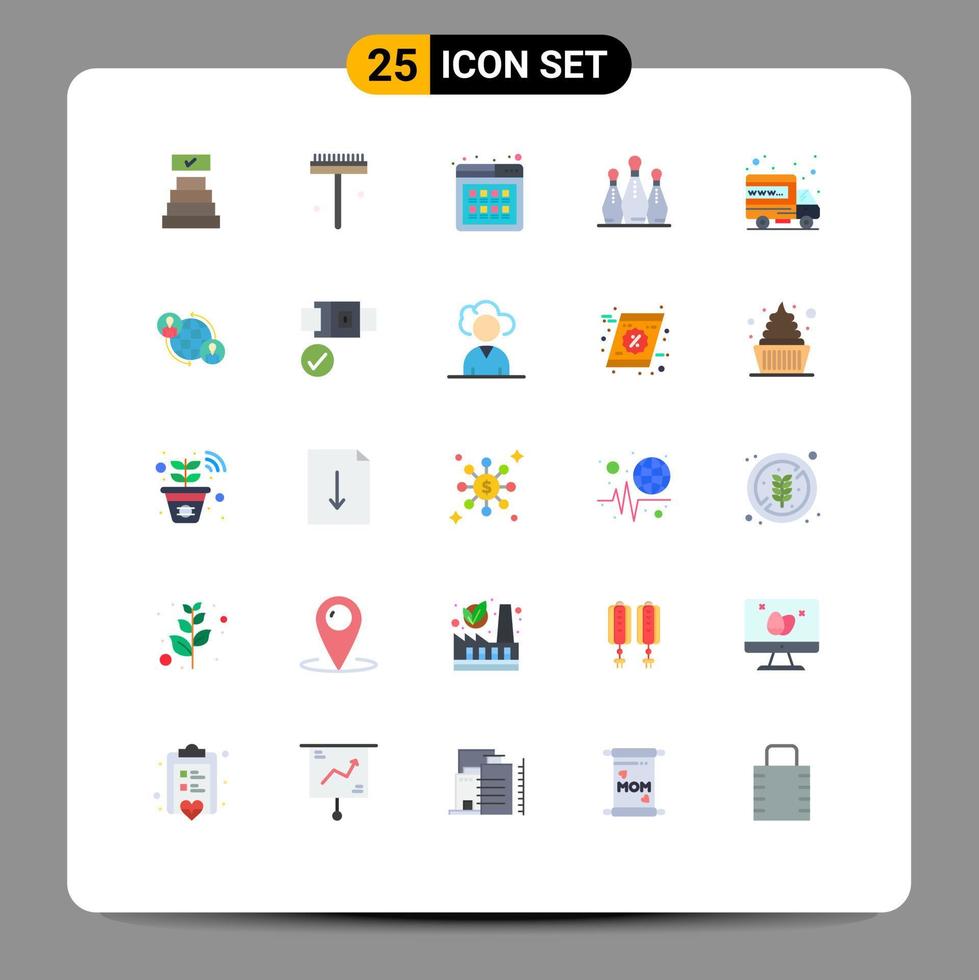 Mobile Interface Flat Color Set of 25 Pictograms of hosting pins online skittle bowling Editable Vector Design Elements