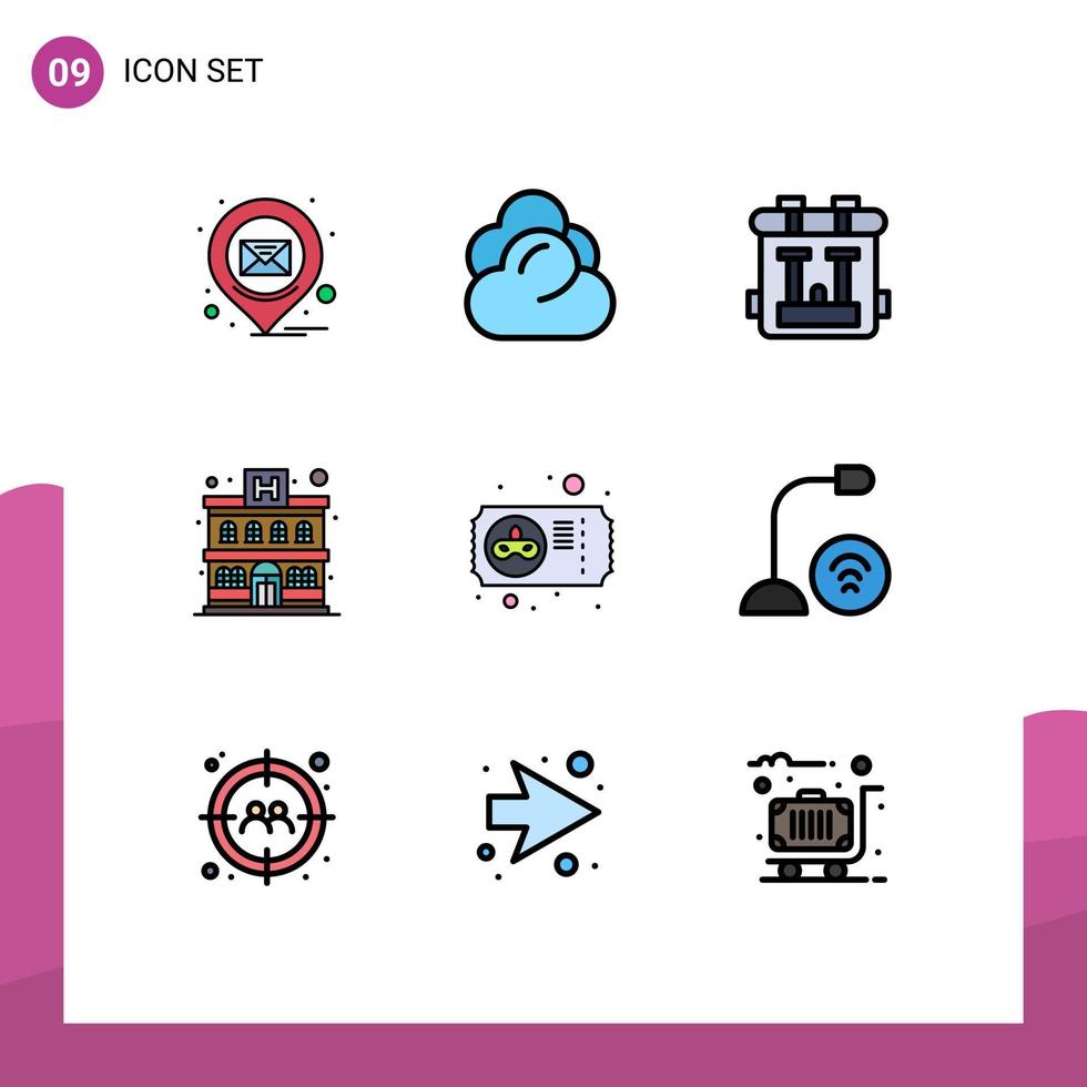 Set of 9 Modern UI Icons Symbols Signs for mask carnival back pack hotel apartment Editable Vector Design Elements