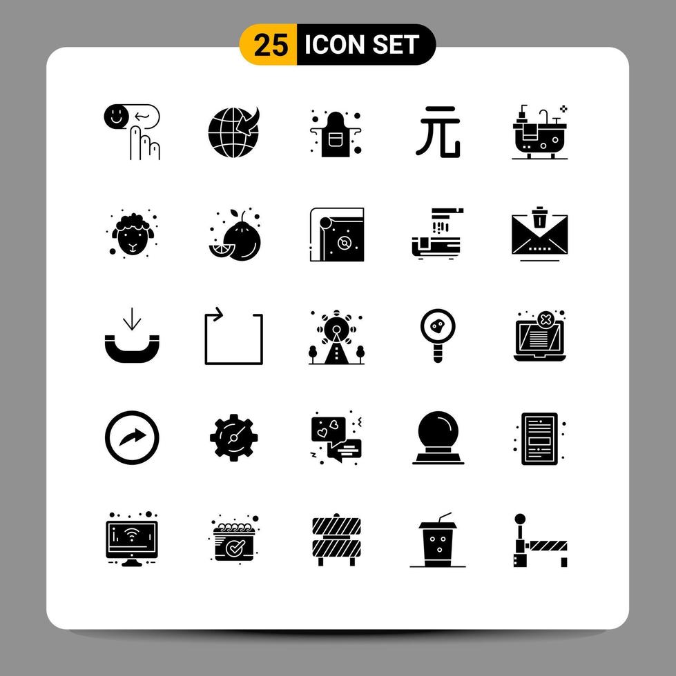 Group of 25 Solid Glyphs Signs and Symbols for face bath apron bathroom money Editable Vector Design Elements