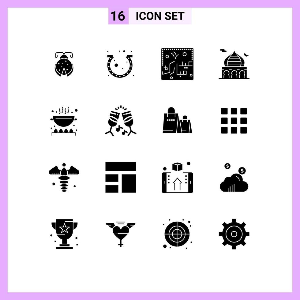 Universal Icon Symbols Group of 16 Modern Solid Glyphs of moon masjid luck mosque lettering Editable Vector Design Elements